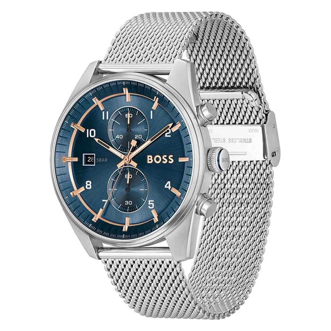 Orologio da uomo Hugo Boss Skytraveller 1514149 – vista laterale, cinturino a maglia e dettagli metallici