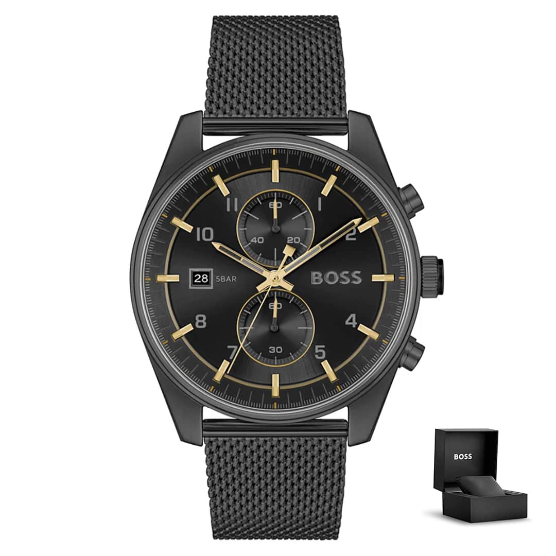 Orologio uomo Hugo Boss Skytraveller 1514150 con bracciale nero a maglia e dettagli dorati, fornito con scatola originale