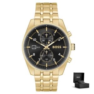 Orologio uomo Hugo Boss Skytraveller 1514152 con bracciale dorato in metallo e scatola originale