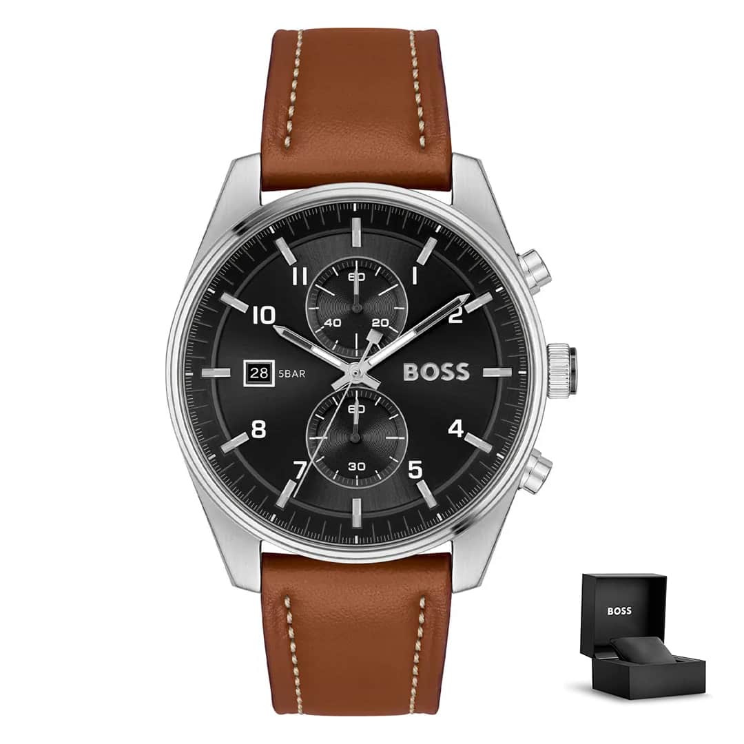 Orologio uomo Hugo Boss Skytraveller 1514161 con quadrante nero e cinturino in pelle marrone, presentato con confezione regalo originale