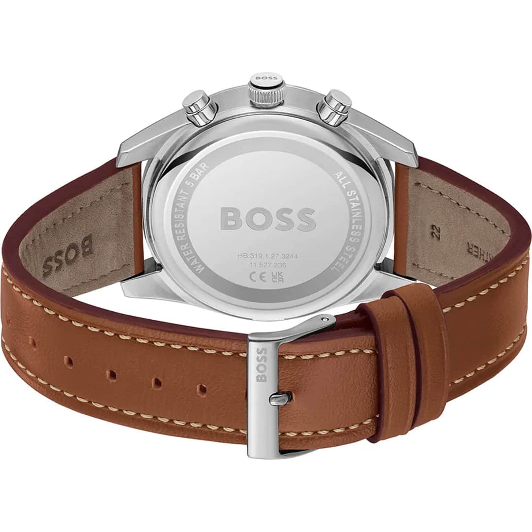 Retro dell’orologio Hugo Boss Skytraveller 1514161 con cinturino in pelle marrone e incisione BOSS