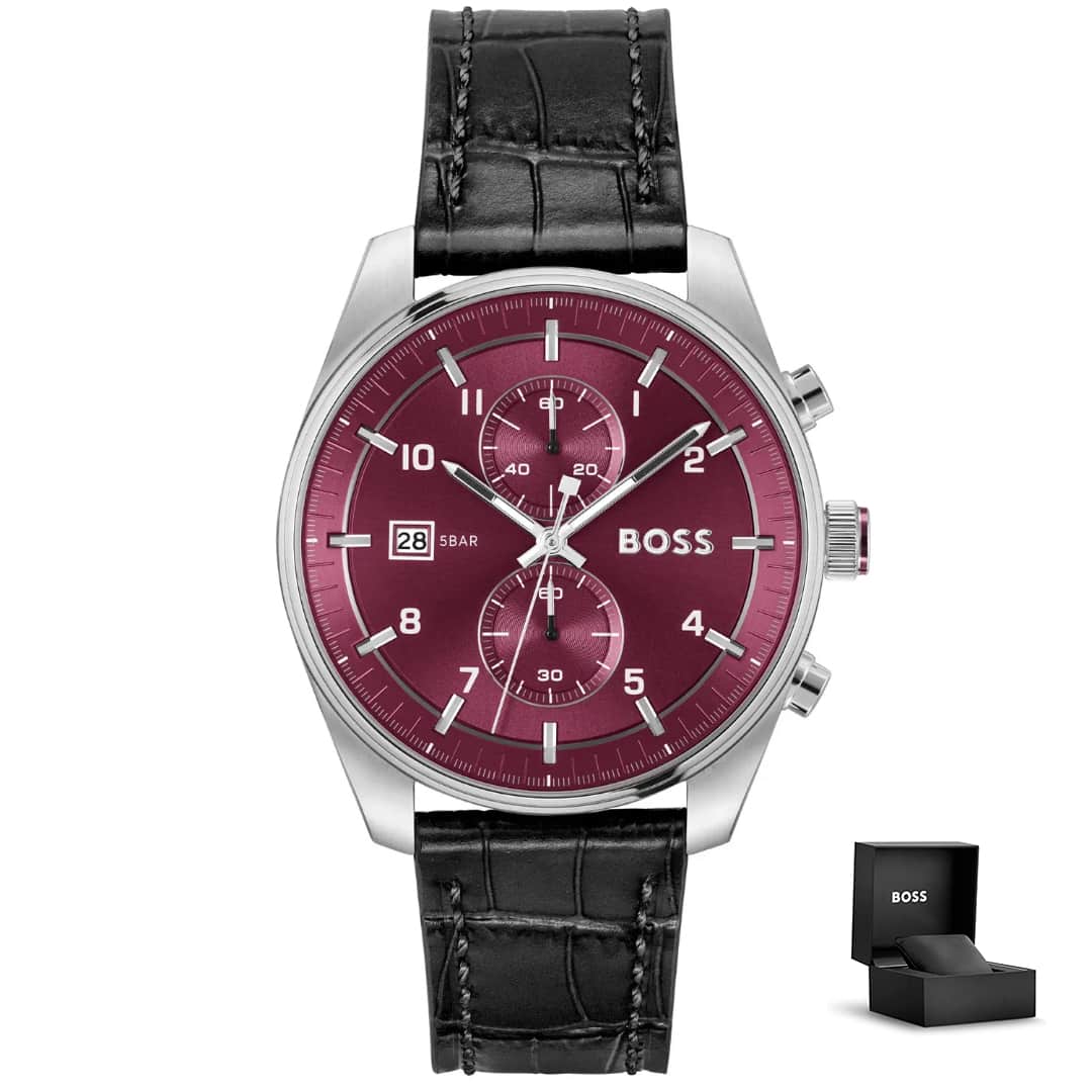 Orologio uomo Hugo Boss Skytraveller 1514193 con quadrante bordeaux e cinturino in pelle nera, presentato con confezione regalo originale