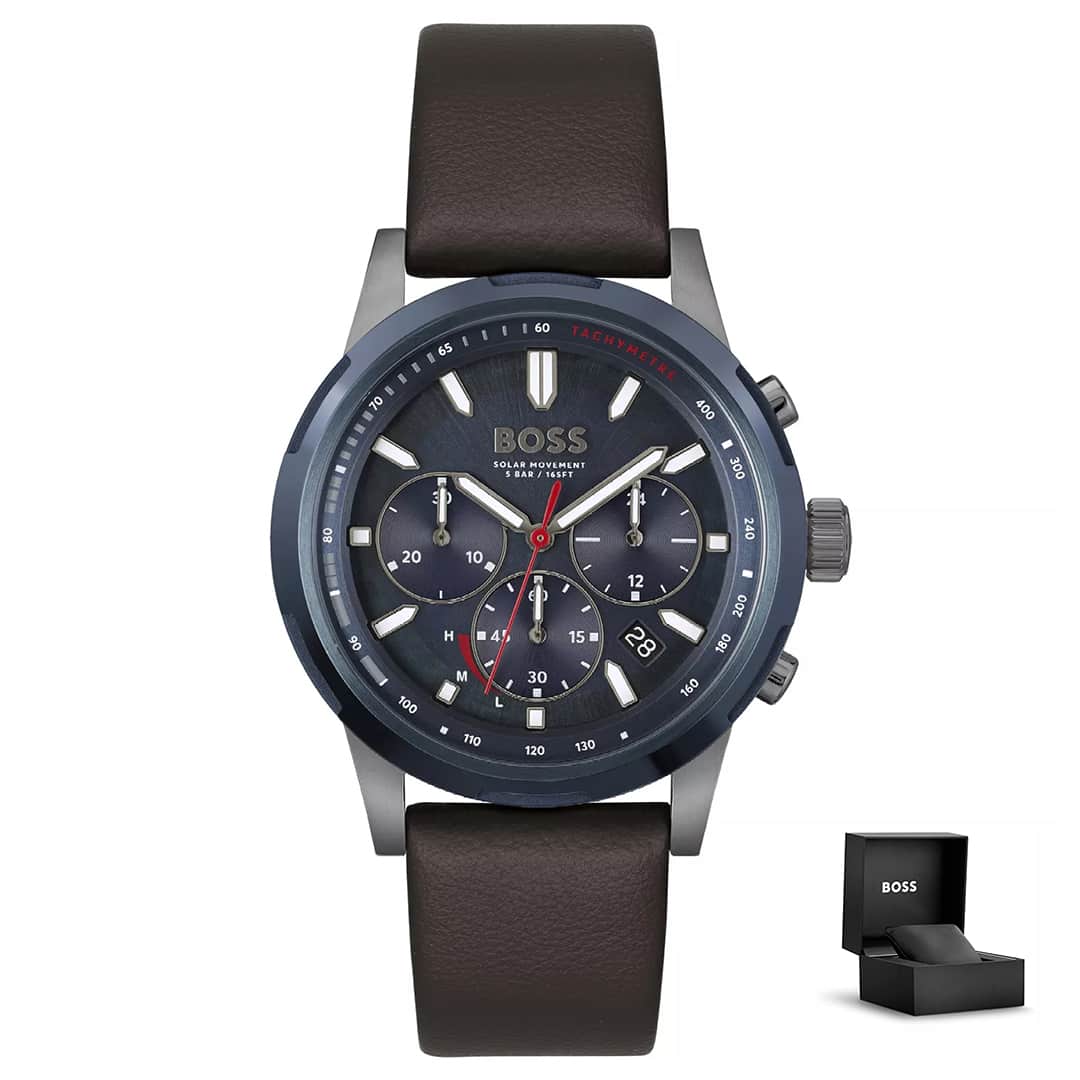Orologio uomo Hugo Boss Solgrade 1514030 con quadrante blu scuro, cinturino in pelle marrone e confezione regalo<br>