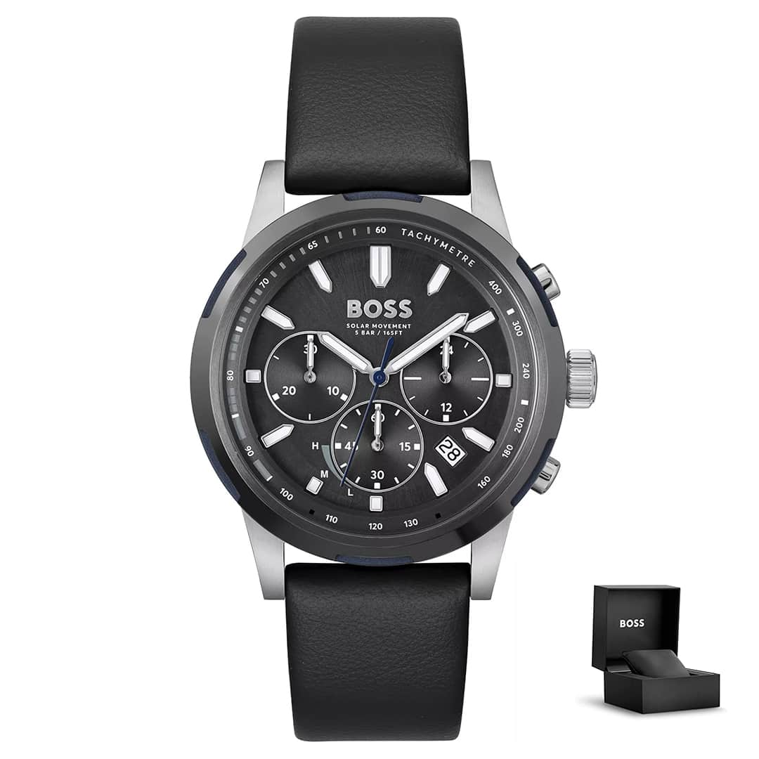 Orologio uomo Hugo Boss Solgrade 1514031 con quadrante nero, cinturino in pelle nera e confezione regalo