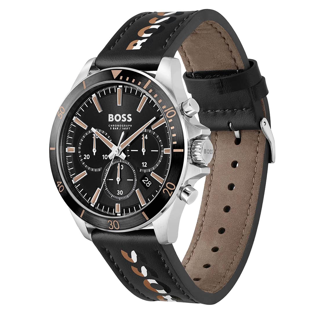 Hugo Boss Troper 1514121 – vista angolata sul quadrante nero e cinturino