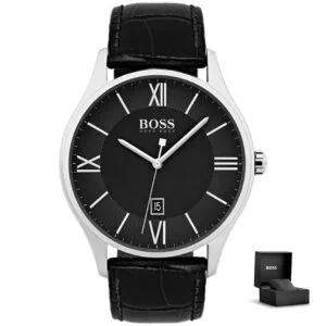 Orologio uomo Hugo Boss Governor 1513485 con quadrante nero, numeri romani, cinturino in pelle e scatola regalo<br>