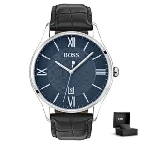 Orologio uomo Hugo Boss Governor 1513553 con quadrante blu scuro, numeri romani, cinturino nero e scatola regalo<br>